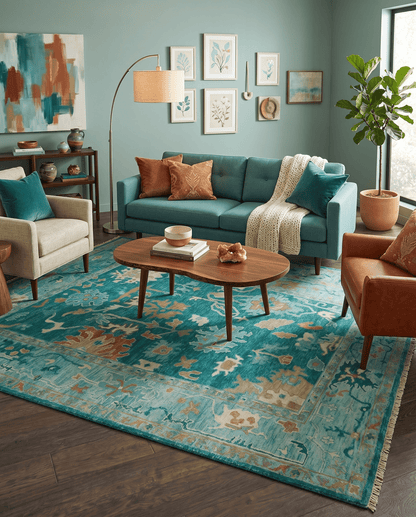 Hand Knotted Teal Traditional Oushak Multi size wool area rug.