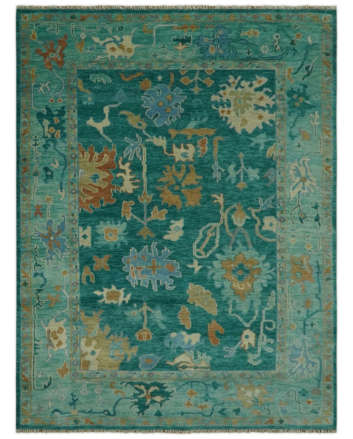 Hand Knotted Teal Traditional Oushak Multi size wool area rug.