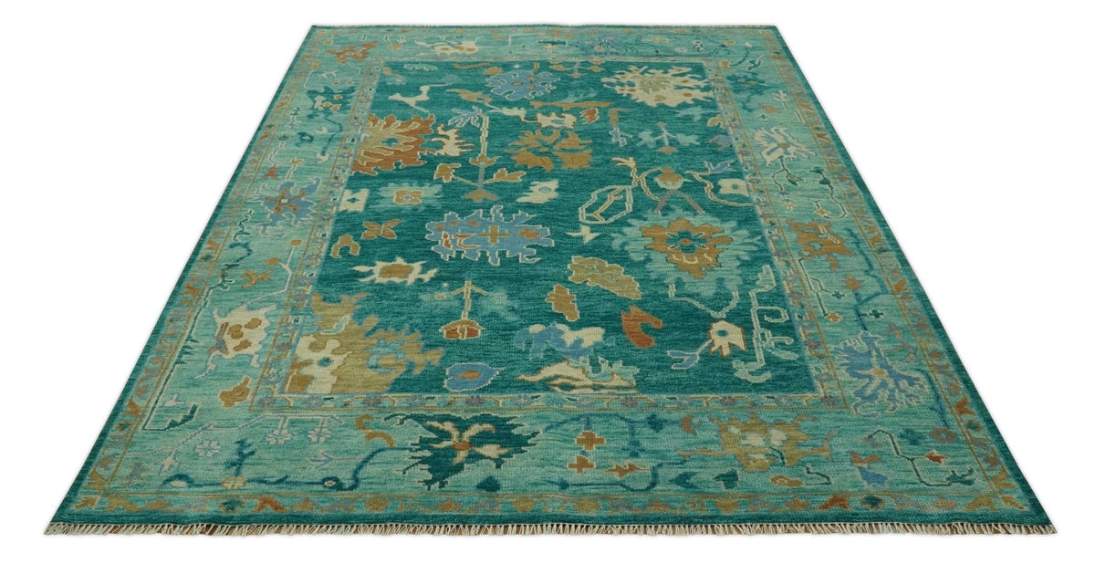Hand Knotted Teal Traditional Oushak Multi size wool area rug.