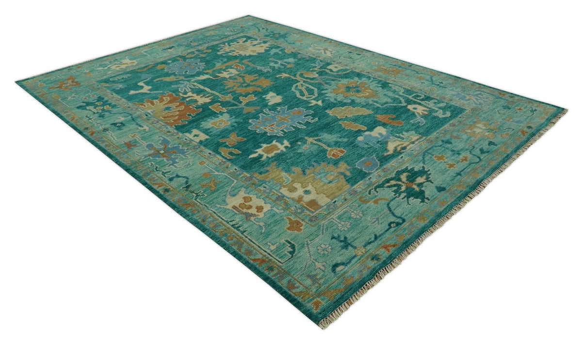 Hand Knotted Teal Traditional Oushak Multi size wool area rug.