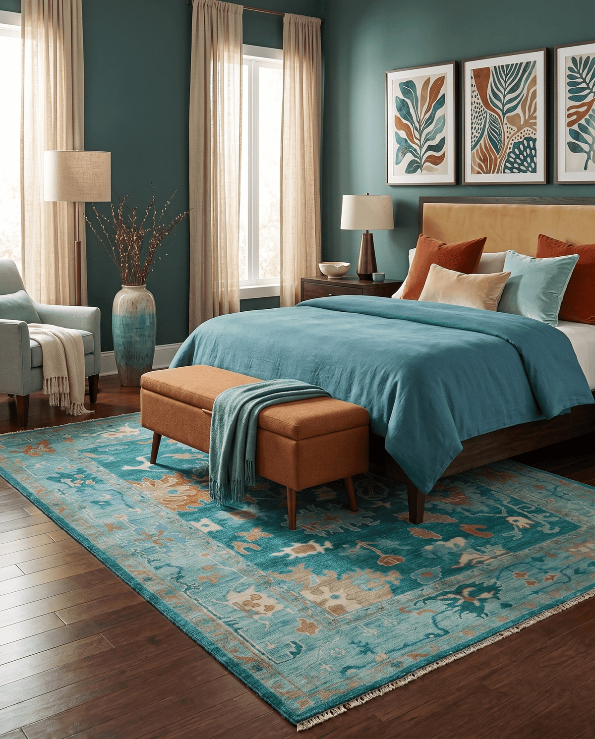Hand Knotted Teal Traditional Oushak Multi size wool area rug.