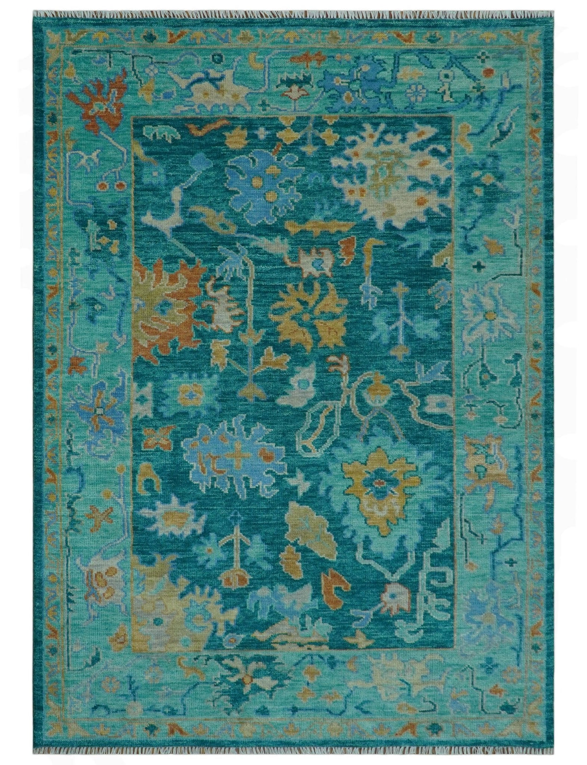 Hand Knotted Teal Traditional Oushak Multi size wool area rug.