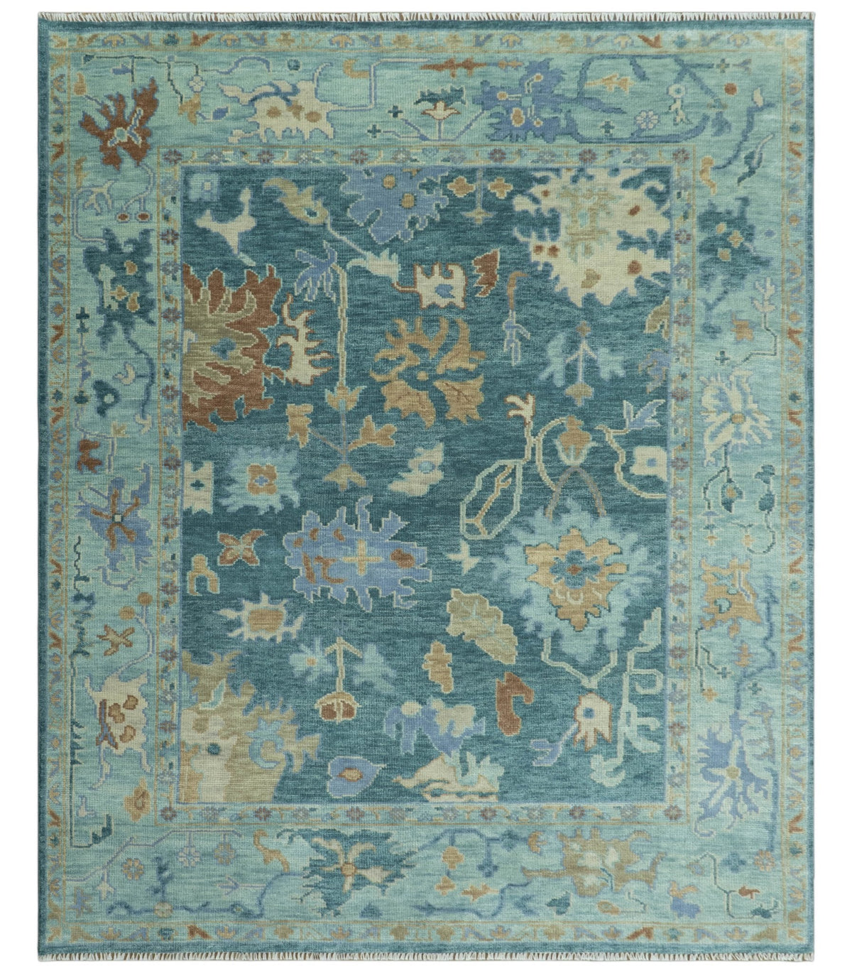 Hand Knotted Teal Traditional Oushak Multi size wool area rug.