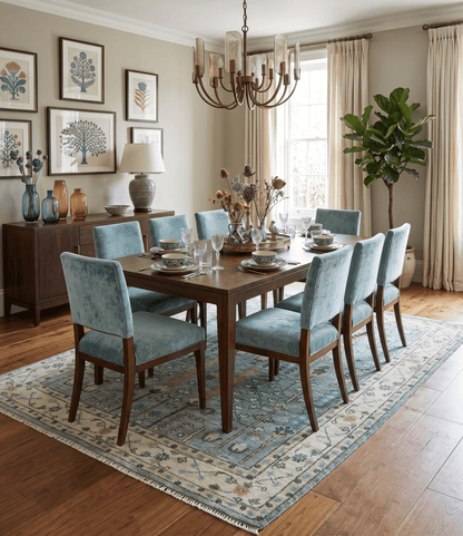 Hand Knotted Traditional Aqua and Ivory Antique Oushak Custom Made Wool Area Rug.