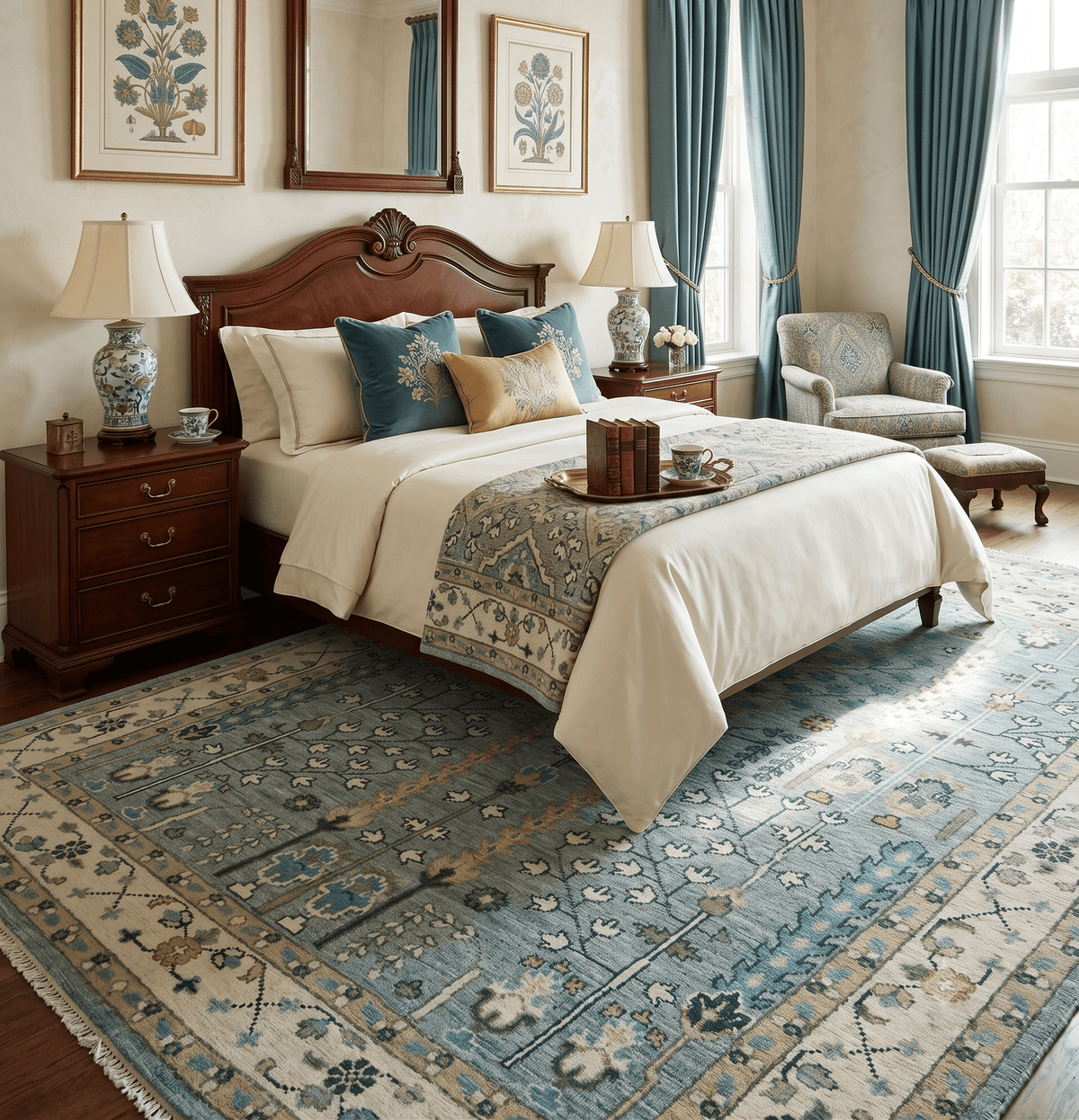 Hand Knotted Traditional Aqua and Ivory Antique Oushak Custom Made Wool Area Rug.