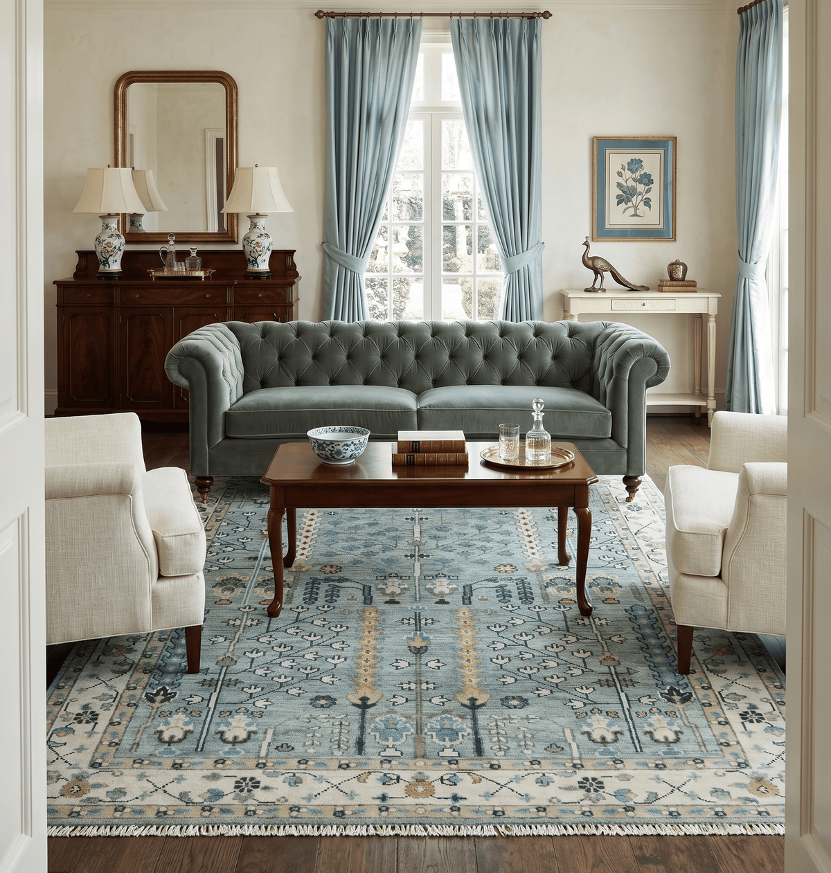 Hand Knotted Traditional Aqua and Ivory Antique Oushak Custom Made Wool Area Rug.