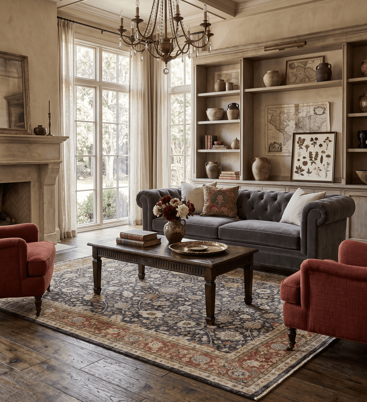 Hand Knotted Traditional Black, Rust and Beige Textured Low Pile Distressed Wool Rug.
