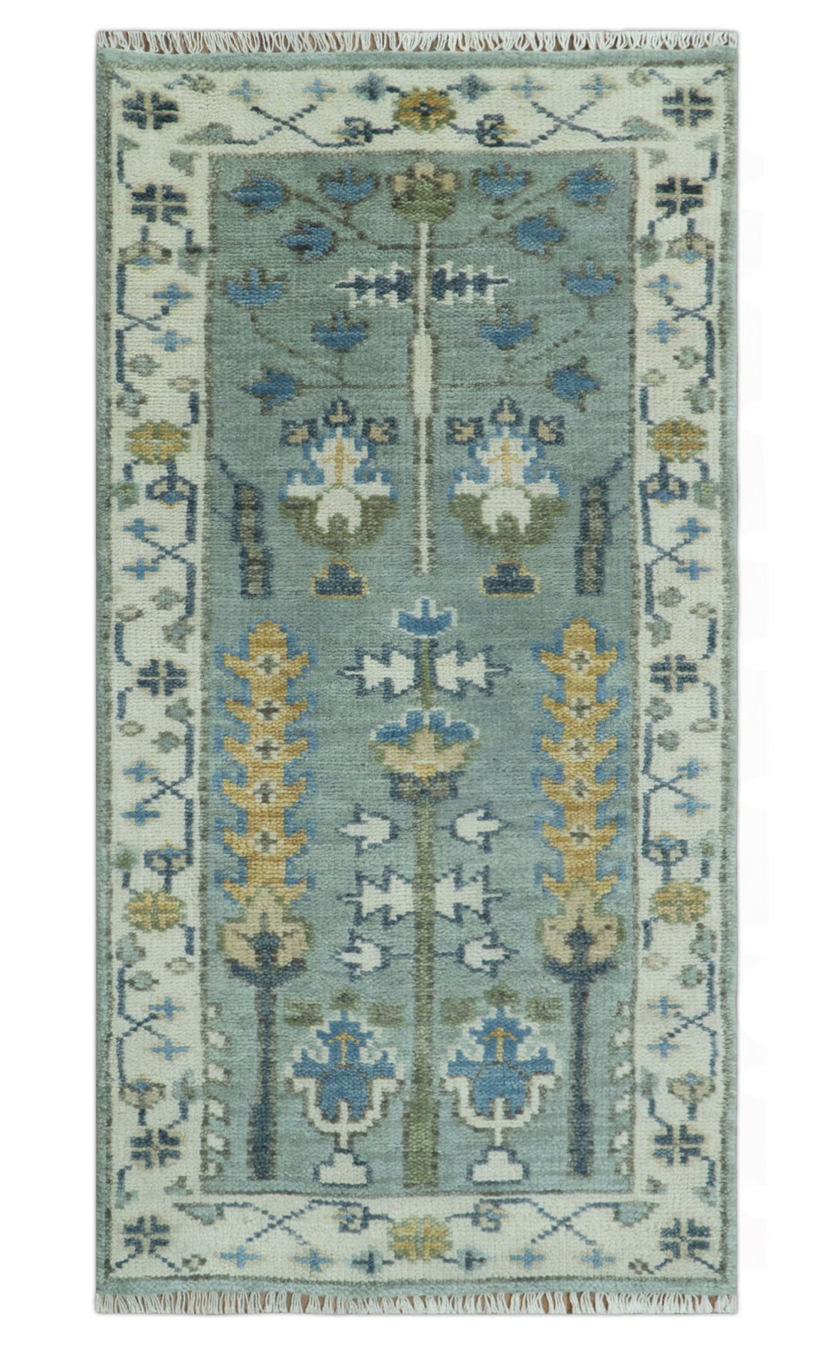 Hand Knotted Traditional Aqua and Ivory Antique Oushak Custom Made Wool Area Rug.