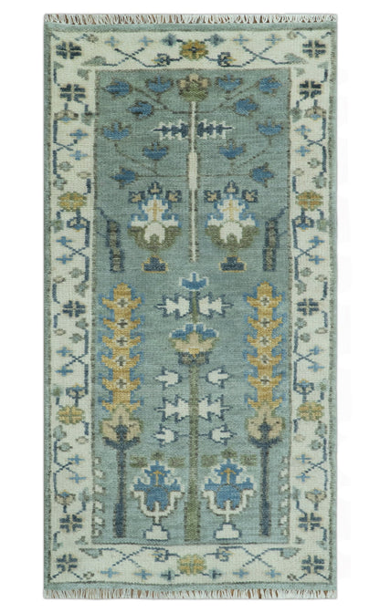Hand Knotted Traditional Aqua and Ivory Antique Oushak Custom Made Wool Area Rug.