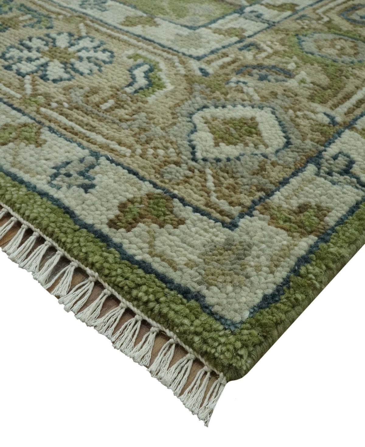 Custom Made Hand Knotted Traditional Green, Silver and Charcoal wool area rug.