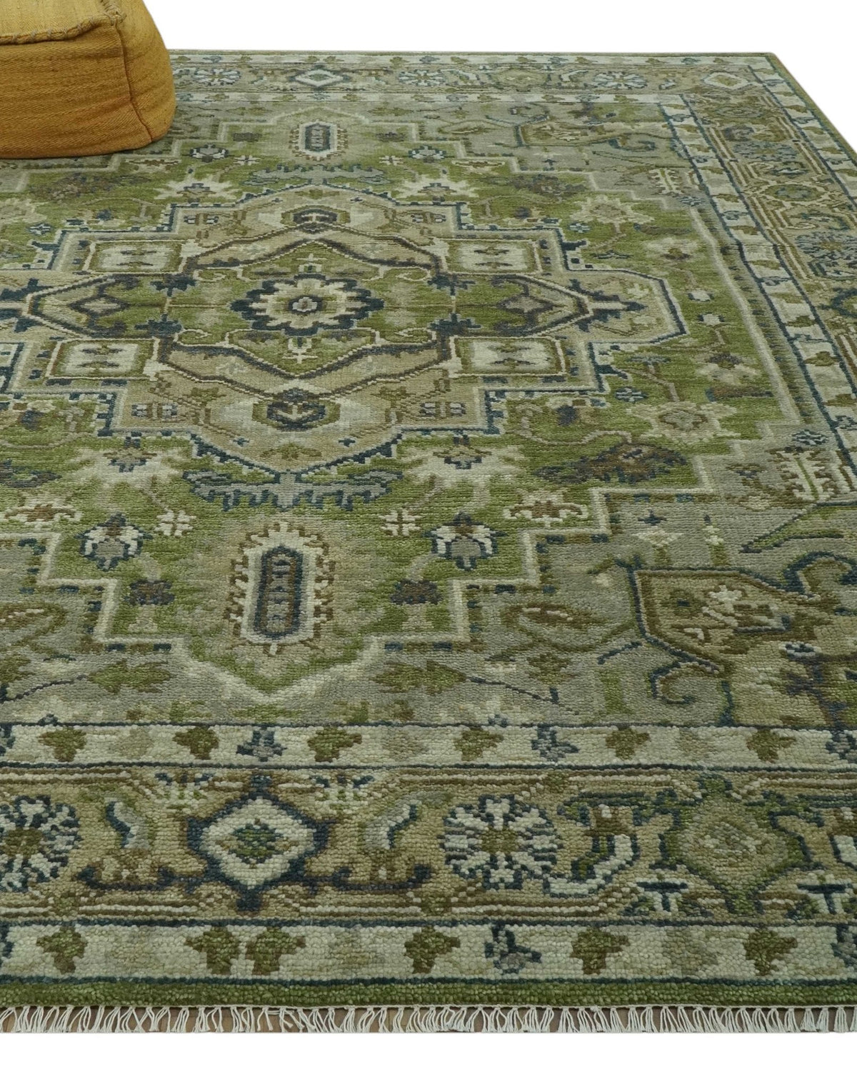 Custom Made Hand Knotted Traditional Green, Silver and Charcoal wool area rug.
