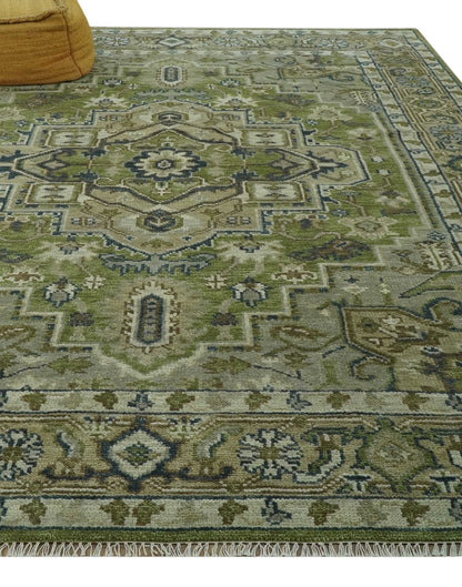 Custom Made Hand Knotted Traditional Green, Silver and Charcoal wool area rug.