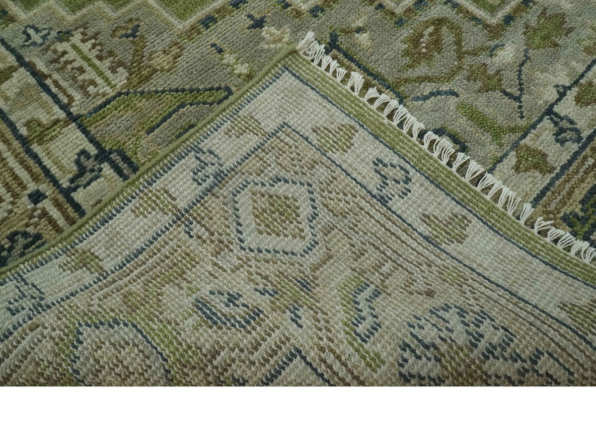 Custom Made Hand Knotted Traditional Green, Silver and Charcoal wool area rug.