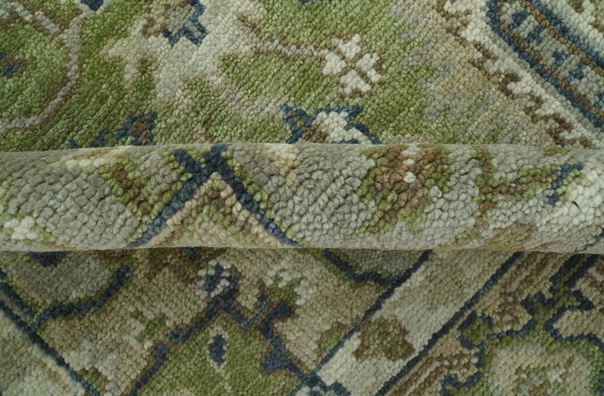 Custom Made Hand Knotted Traditional Green, Silver and Charcoal wool area rug.