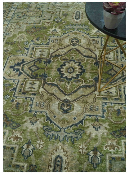 Custom Made Hand Knotted Traditional Green, Silver and Charcoal wool area rug.