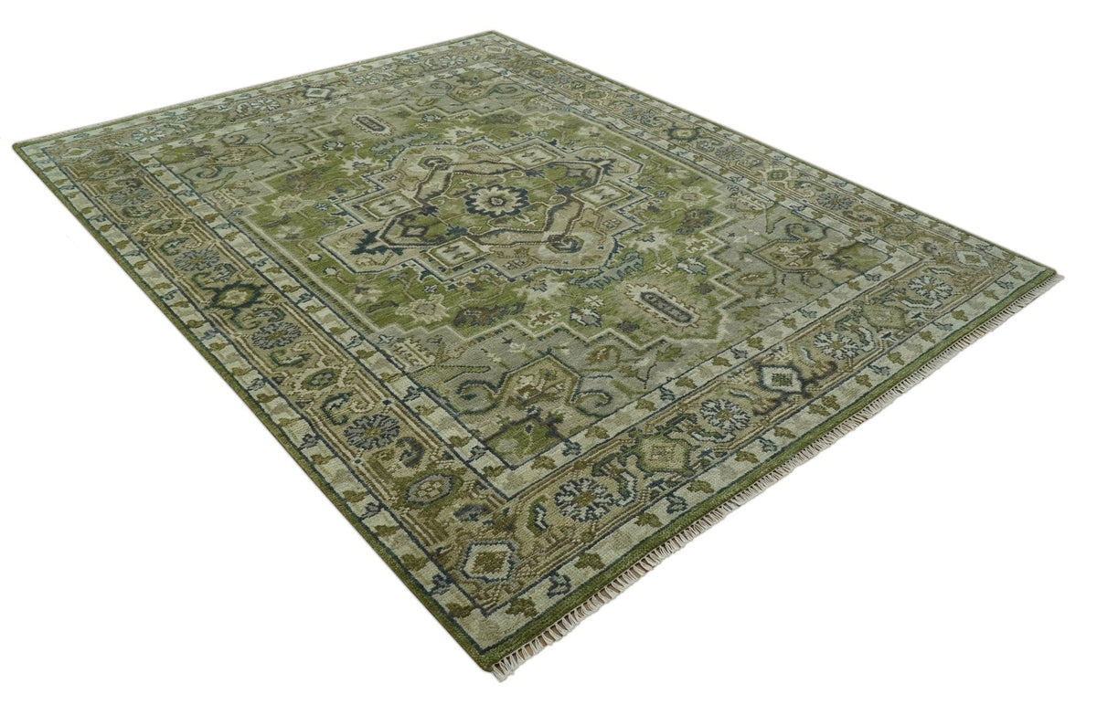 Custom Made Hand Knotted Traditional Green, Silver and Charcoal wool area rug.