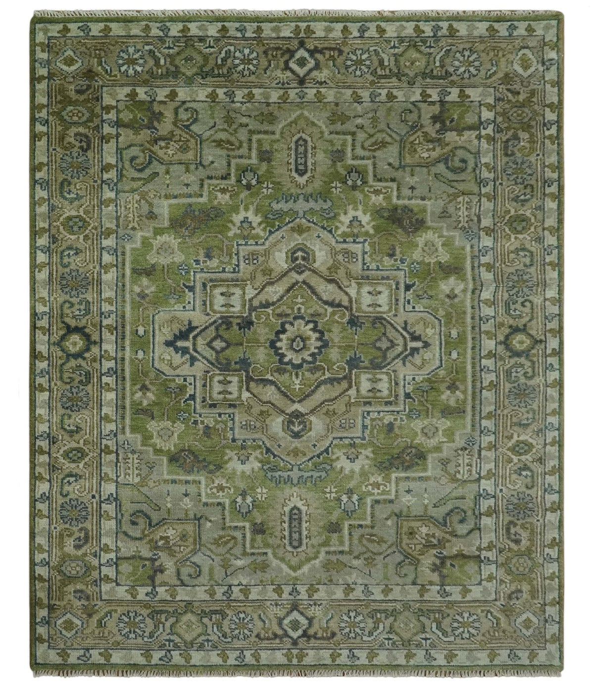 Custom Made Hand Knotted Traditional Green, Silver and Charcoal wool area rug.