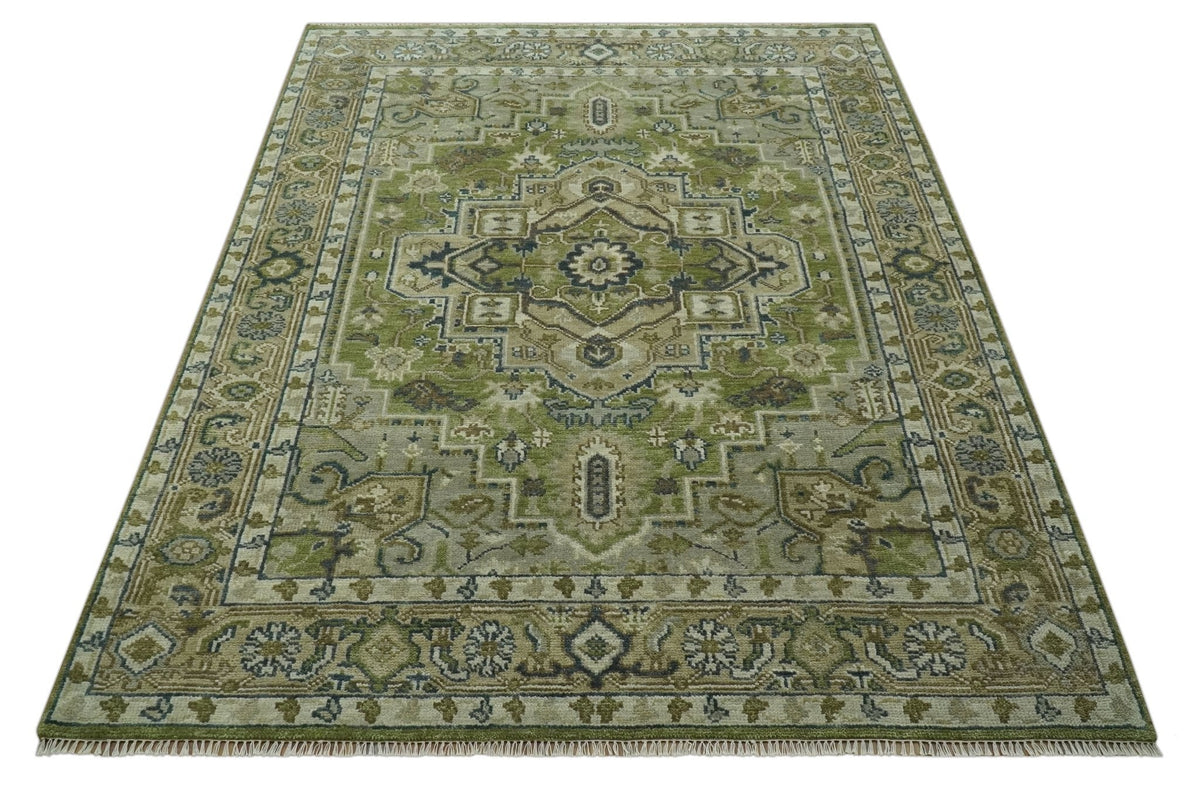 Custom Made Hand Knotted Traditional Green, Silver and Charcoal wool area rug.