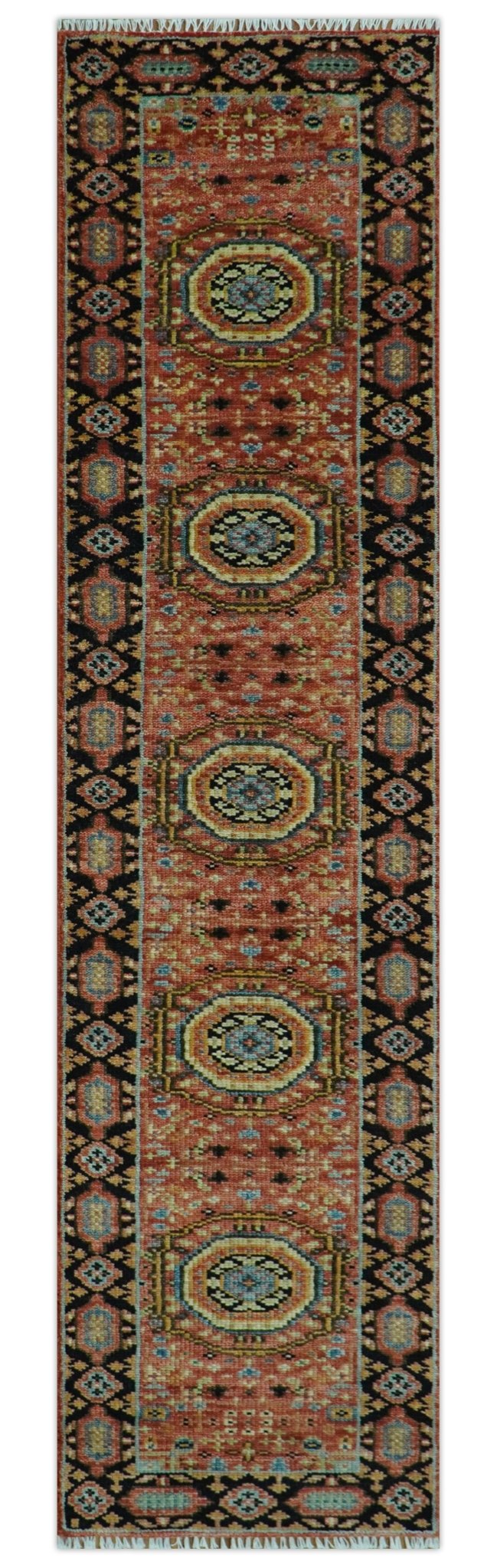 Hand Knotted Traditional Kazak Medallion Rust and Black Wool Area Rug.