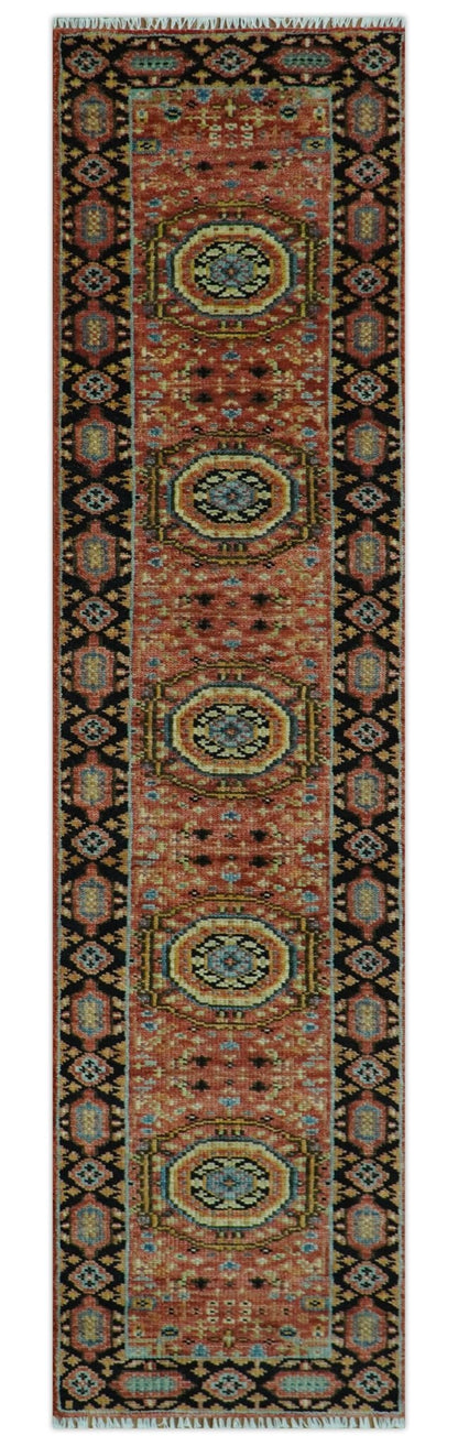 Hand Knotted Traditional Kazak Medallion Rust and Black Wool Area Rug.