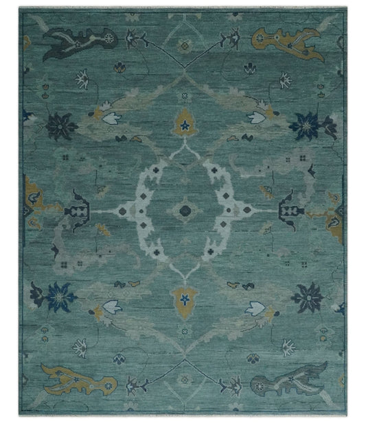 Hand Knotted Traditional Oriental Oushak Antique Style Green Wool Area Rug.