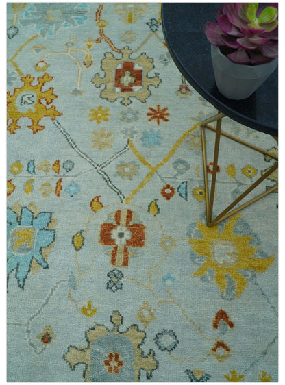 Hand Knotted Traditional Oushak Blue And Mustard Wool Rug.