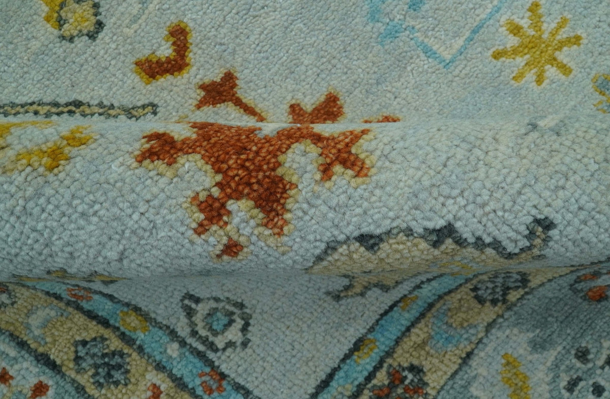 Hand Knotted Traditional Oushak Blue And Mustard Wool Rug.