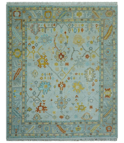 Hand Knotted Traditional Oushak Blue And Mustard Wool Rug.
