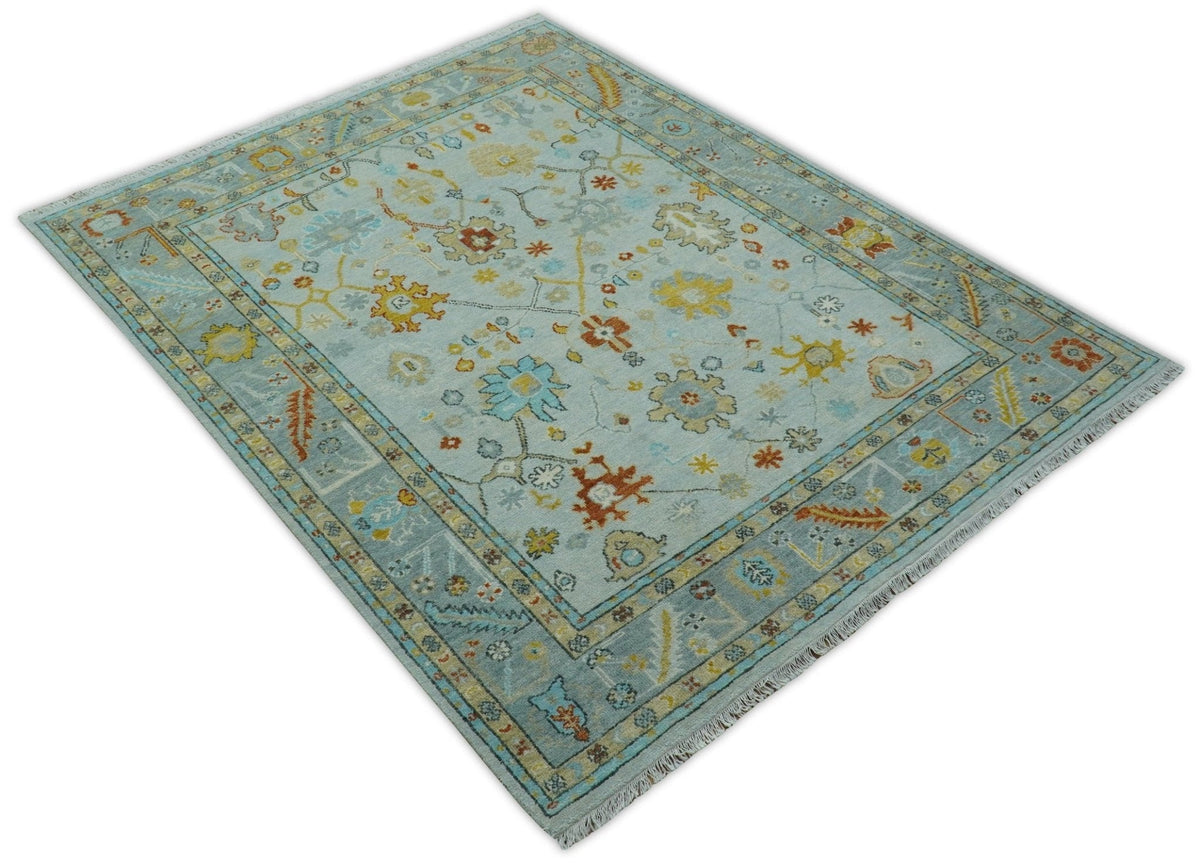 Hand Knotted Traditional Oushak Blue And Mustard Wool Rug.