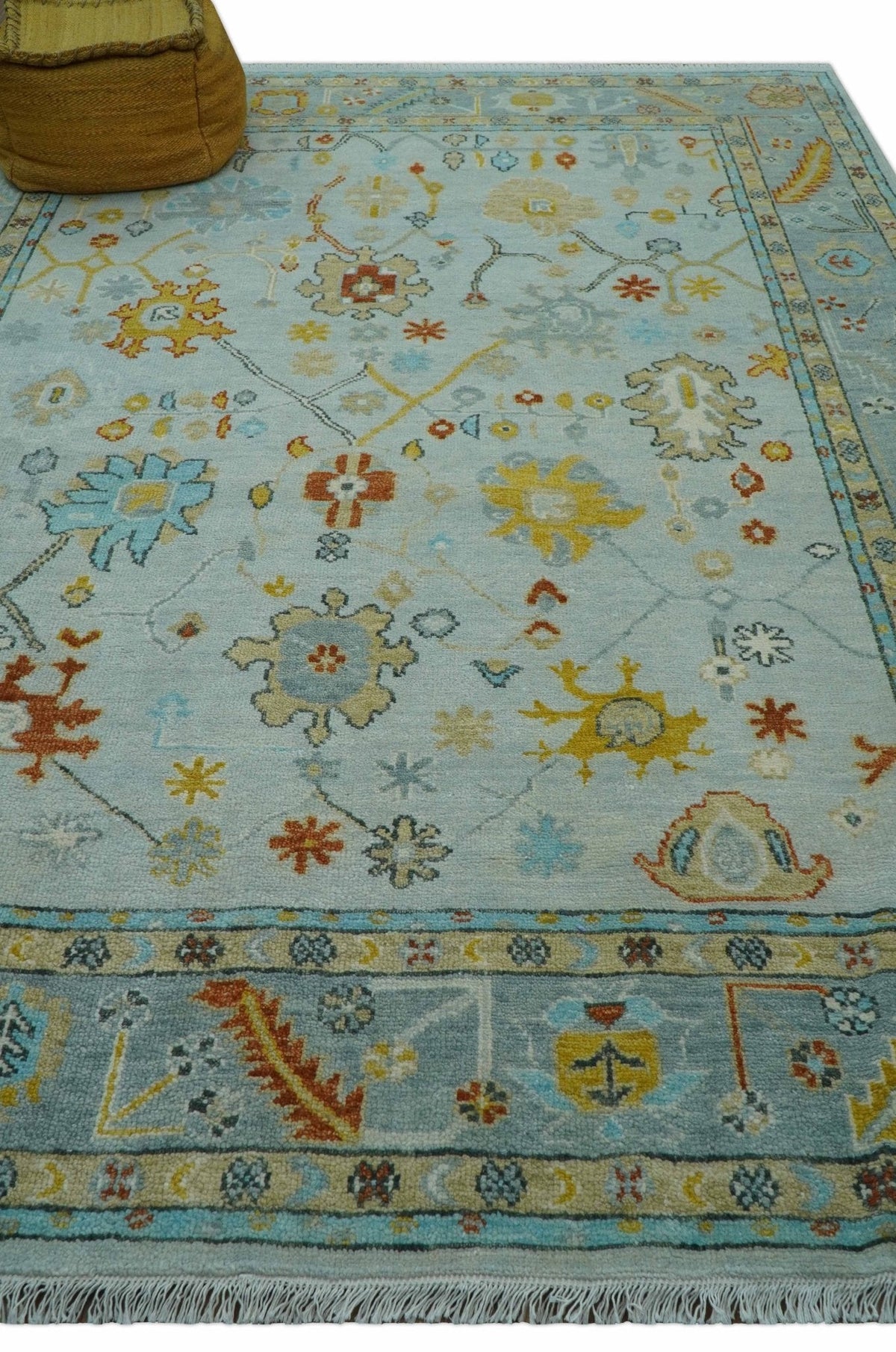 Hand Knotted Traditional Oushak Blue And Mustard Wool Rug.