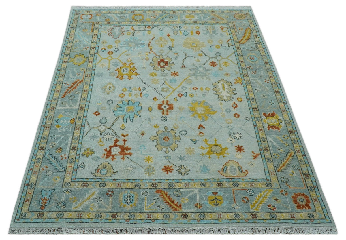 Hand Knotted Traditional Oushak Blue And Mustard Wool Rug.