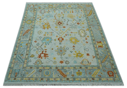 Hand Knotted Traditional Oushak Blue And Mustard Wool Rug.