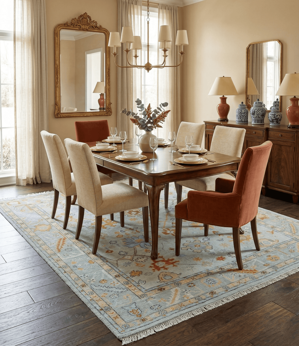 Hand Knotted Traditional Oushak Blue And Mustard Wool Rug.