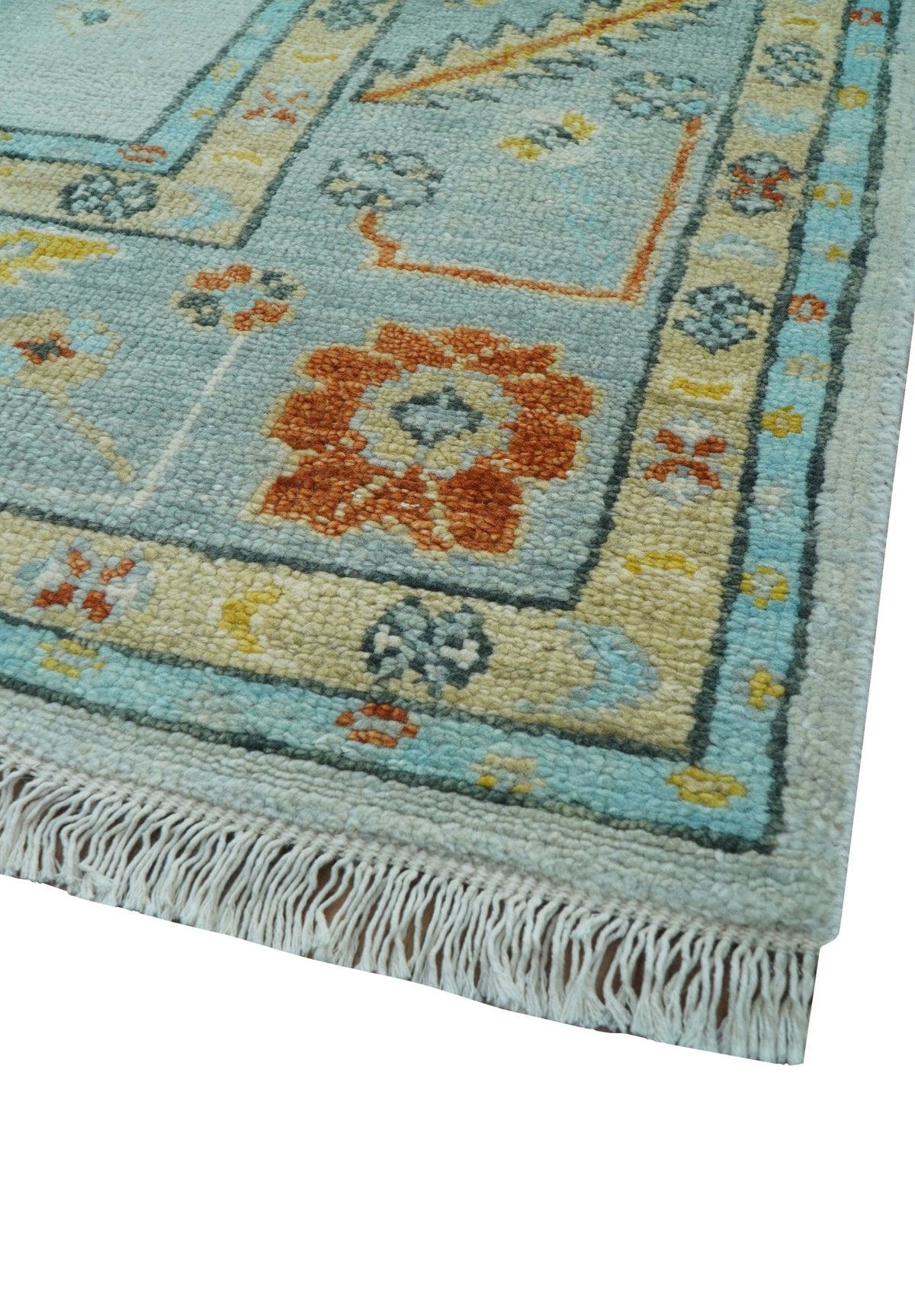 Hand Knotted Traditional Oushak Blue And Mustard Wool Rug.