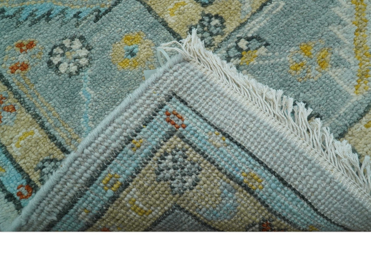 Hand Knotted Traditional Oushak Blue And Mustard Wool Rug.