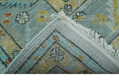 Hand Knotted Traditional Oushak Blue And Mustard Wool Rug.