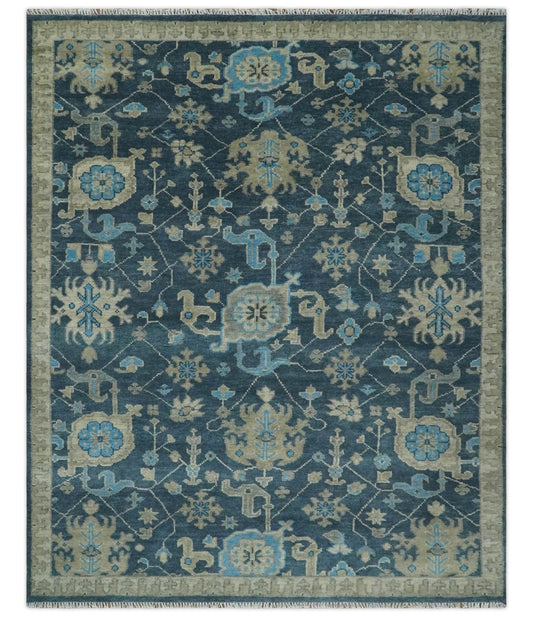 Hand Knotted Vintage Style Oriental Turkish Oushak Blue and Camel Multi Size Wool Area Rug.