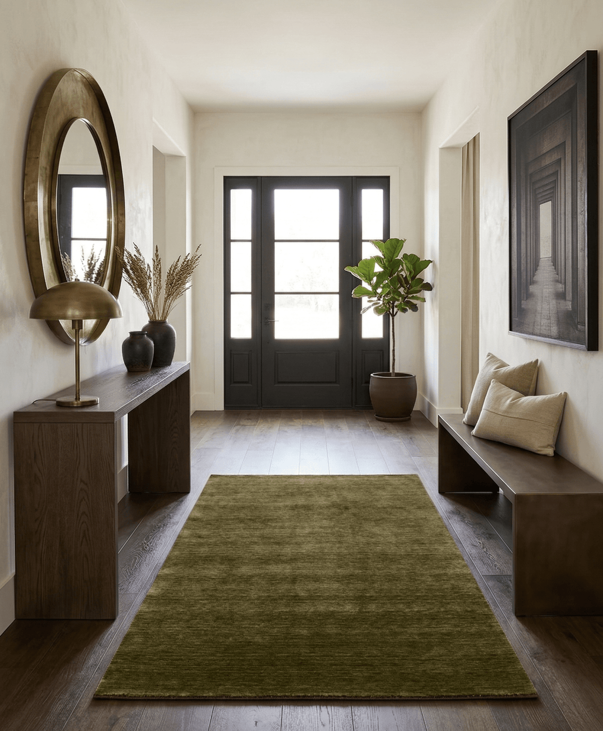 Hand Loomed Modern Green Solid Wool Area Rug.