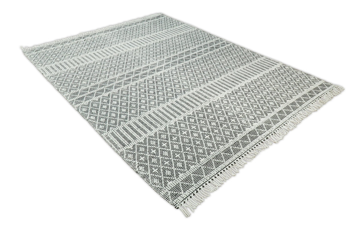 Modern Contemporary Hand Woven Black and White Wool Area Rug.