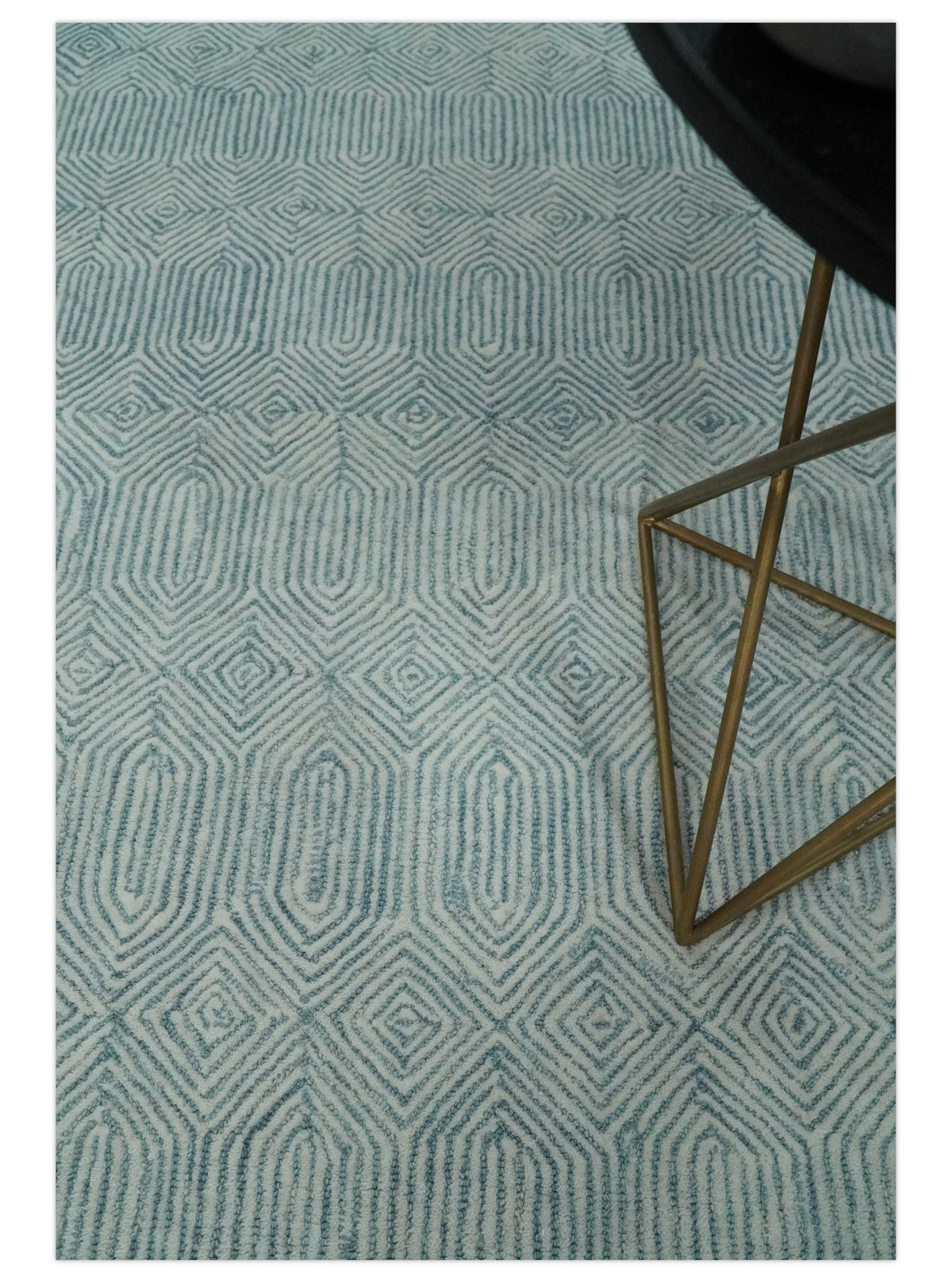 Modern Contemporary Style Teal and Ivory Hand Tufted Wool Area Rug.