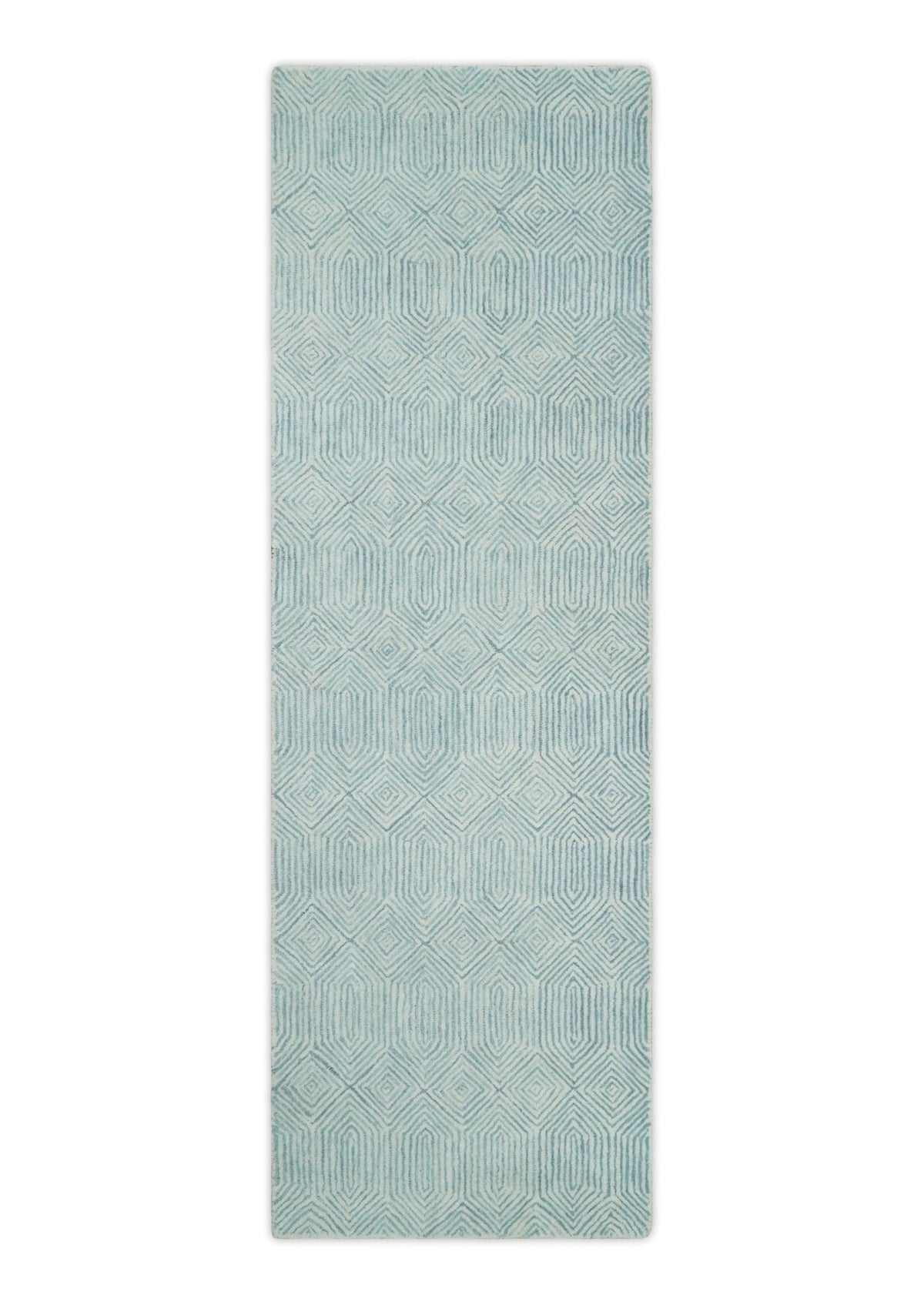 Modern Contemporary Style Teal and Ivory Hand Tufted Wool Area Rug.