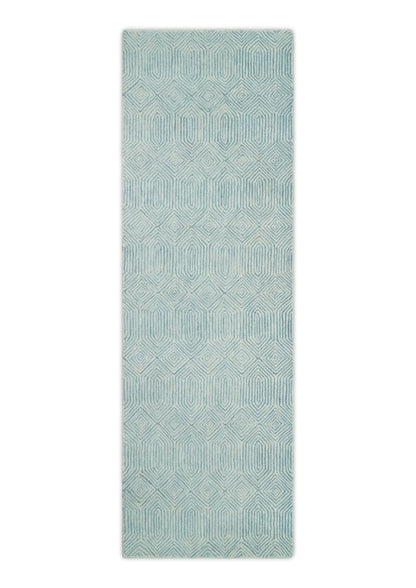Modern Contemporary Style Teal and Ivory Hand Tufted Wool Area Rug.