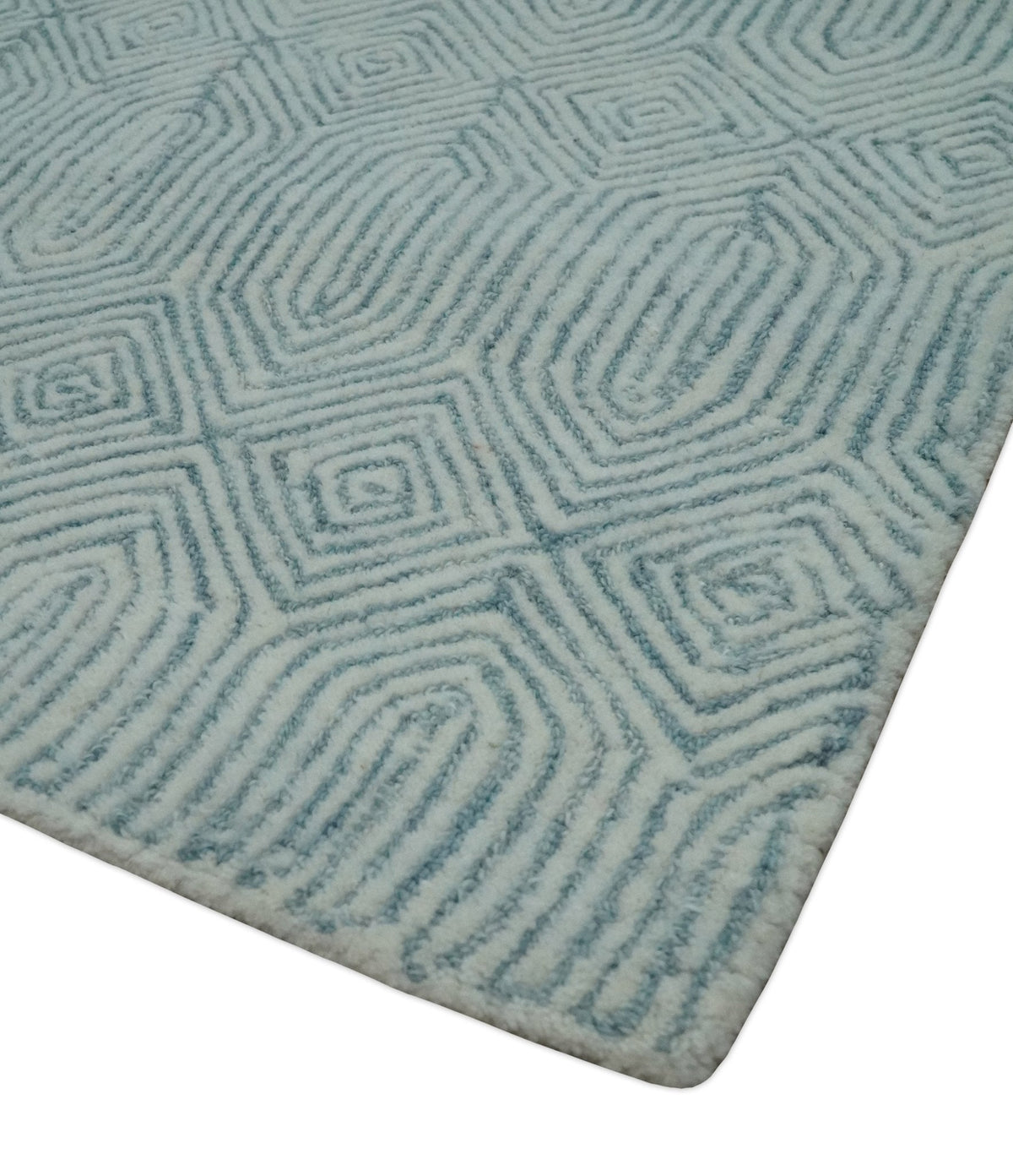 Modern Contemporary Style Teal and Ivory Hand Tufted Wool Area Rug.