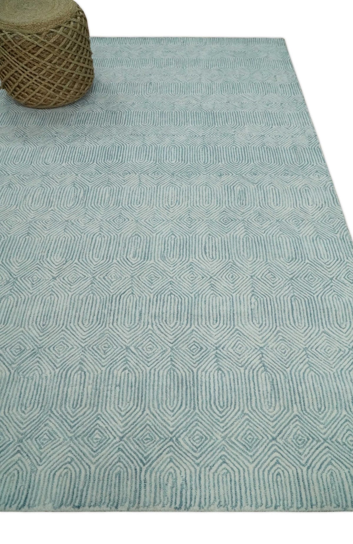 Modern Contemporary Style Teal and Ivory Hand Tufted Wool Area Rug.