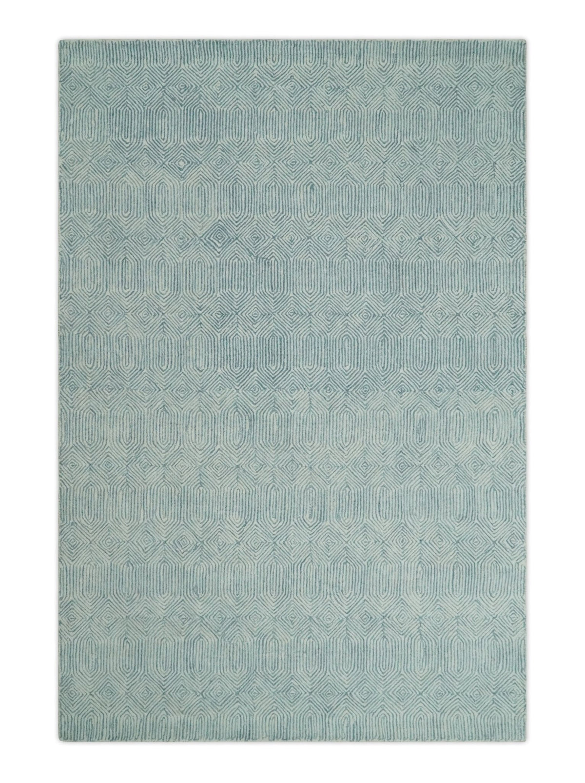 Modern Contemporary Style Teal and Ivory Hand Tufted Wool Area Rug.