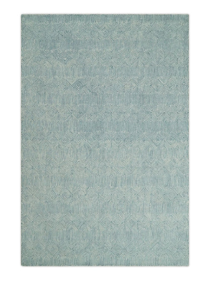 Modern Contemporary Style Teal and Ivory Hand Tufted Wool Area Rug.