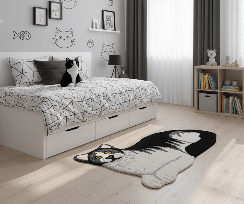 Hand Tufted 2x3 Animal Black And White Cat Wool Area Rug.