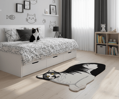 Hand Tufted 2x3 Animal Black And White Cat Wool Area Rug.