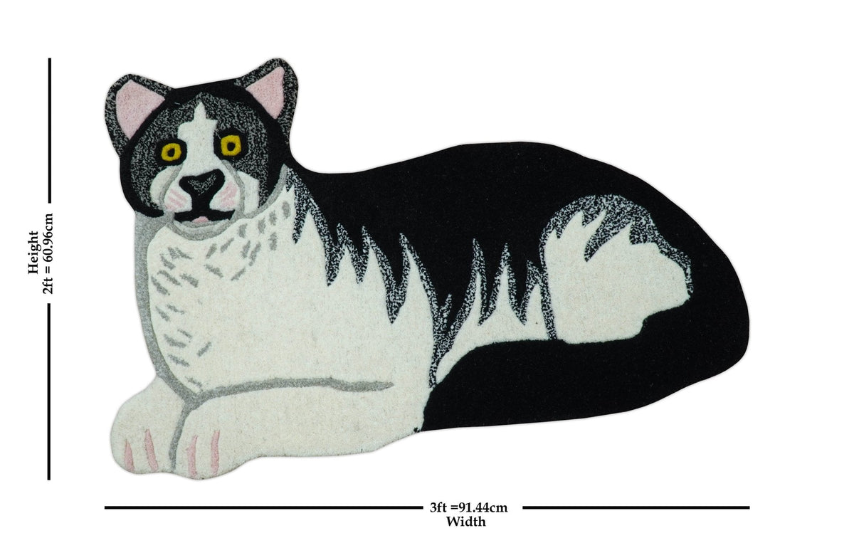 Hand Tufted 2x3 Animal Black And White Cat Wool Area Rug.