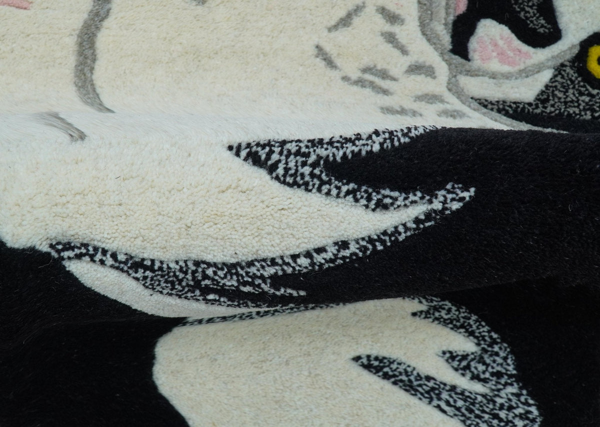 Hand Tufted 2x3 Animal Black And White Cat Wool Area Rug.
